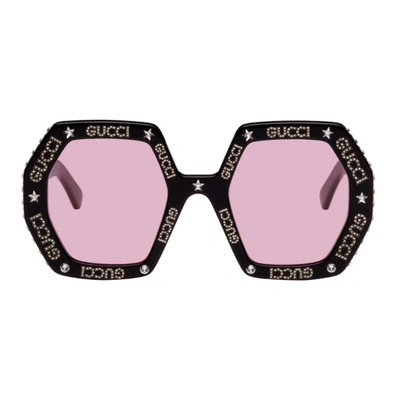 Shop Gucci Black Embellished Geometric Sunglasses In 012 Black