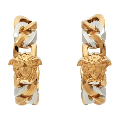 Shop Versace Silver & Gold Medusa Chain Earrings In Kvop Multi