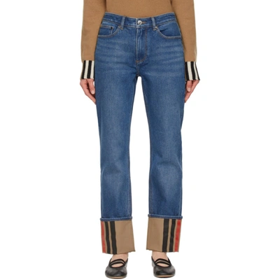 Shop Burberry Indigo Striped Cuff Marissa Jeans In Mid Indigo