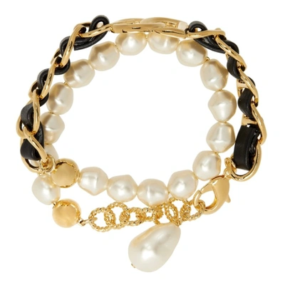 Shop Dolce & Gabbana Gold Pearl & Leather Embellished Bracelet In Zoo00 Gold