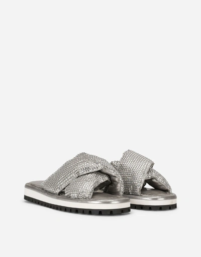 Shop Dolce & Gabbana Padded Nylon Sliders With Fusible Rhinestones In Silver