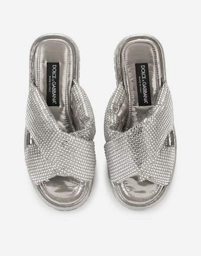 Shop Dolce & Gabbana Padded Nylon Sliders With Fusible Rhinestones In Silver