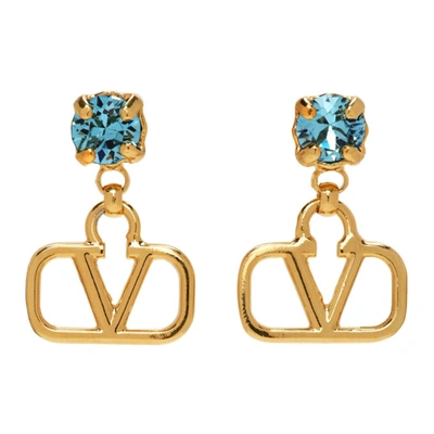 Shop Valentino Gold & Blue Rhinestone Vlogo Earrings In 64x Gold 18/acquamar