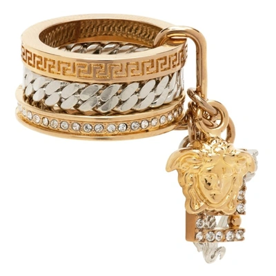 Shop Versace Gold & Silver Charms Ring In 4j160 Gold Palladium