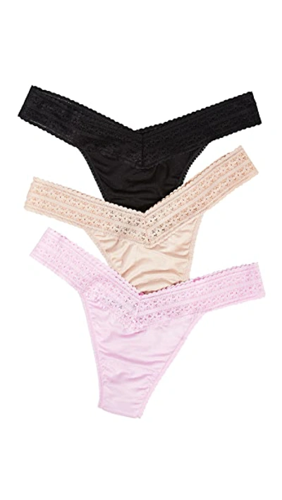 Hanky Panky Dream Low-rise Jersey Thongs 3-pack In Cotton Candy/black/chai