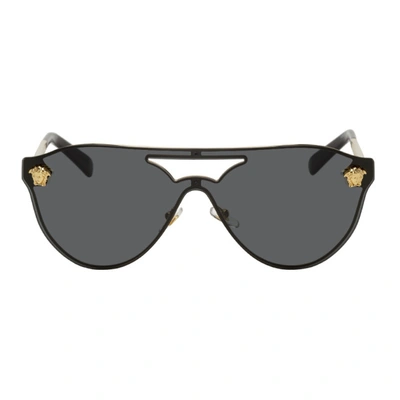 Shop Versace Black & Gold Medusa Aviator Sunglasses In Black/gold