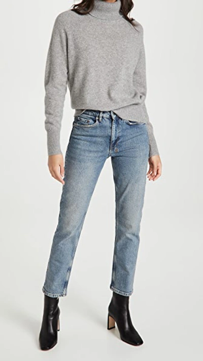 White + Warren Ribbed Trim Cashmere Turtleneck In Grey Heather