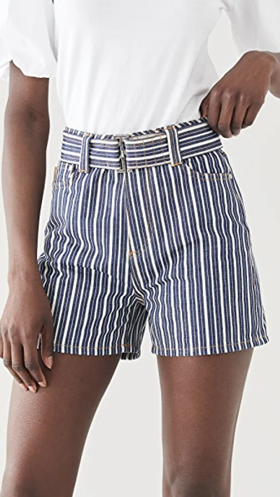 Shop Ganni Mixed Stripe Denim Shorts In Dark Indigo