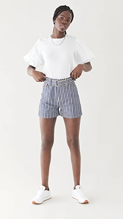 Shop Ganni Mixed Stripe Denim Shorts In Dark Indigo