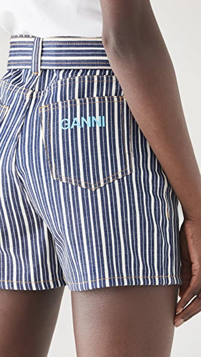 Shop Ganni Mixed Stripe Denim Shorts In Dark Indigo