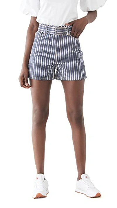 Shop Ganni Mixed Stripe Denim Shorts In Dark Indigo