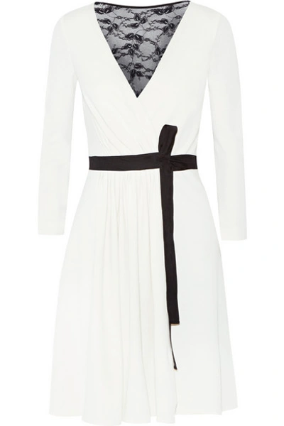 Shop Diane Von Furstenberg Seduction Lace-paneled Wool-jersey Wrap Dress In White