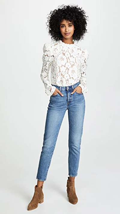 Wayf Emma Puff Sleeve Lace Bodysuit In Ivory Lace