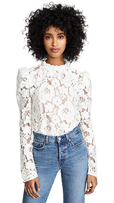 Wayf Emma Puff Sleeve Lace Bodysuit In Ivory Lace