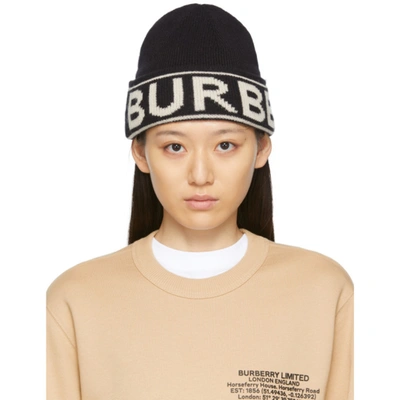 Shop Burberry Black Cashmere Intarsia Logo Beanie