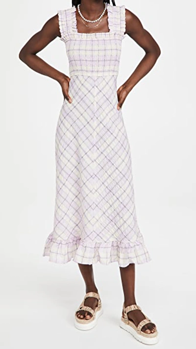 Shop Ganni Seersucker Check Dress In Orchid Bloom