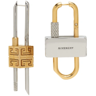 Shop Givenchy Silver & Gold Lock Earrings In 711 Golden/silvery