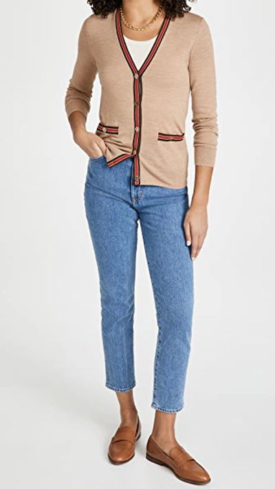 Shop Tory Burch Colorblock Madeline Cardigan In Classic Camel/pine Cone