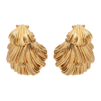 Shop Saint Laurent Gold Triple Shell Clip-on Earrings In 8084 Gldamb