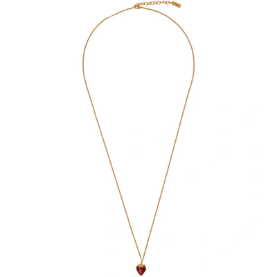 Shop Saint Laurent Gold Long Strawberry Pendant Necklace In 9178 Aged Gold/red