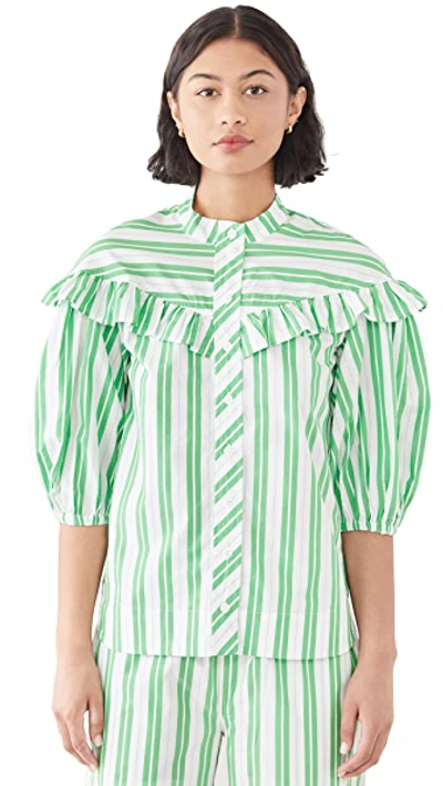 Shop Ganni Stripe Cotton Shirt In Kelly Green