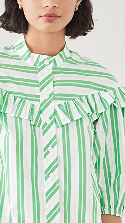 Shop Ganni Stripe Cotton Shirt In Kelly Green