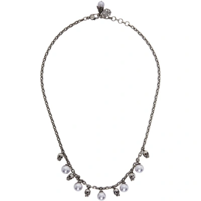 Shop Alexander Mcqueen Gunmetal Short Pearl & Skull Necklace In 0446 4030 Mix