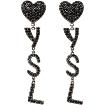 Shop Saint Laurent Black Smoking Heart Earrings In 8131 Ruthenium/black