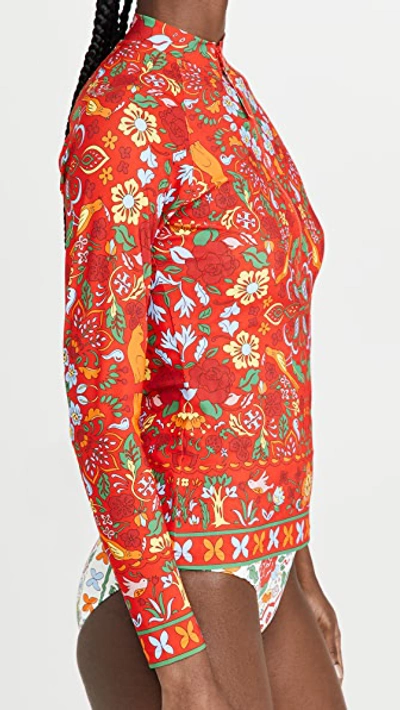 Tory Burch Floral Front Zip Long Sleeve Surf Shirt In Red Cat | ModeSens