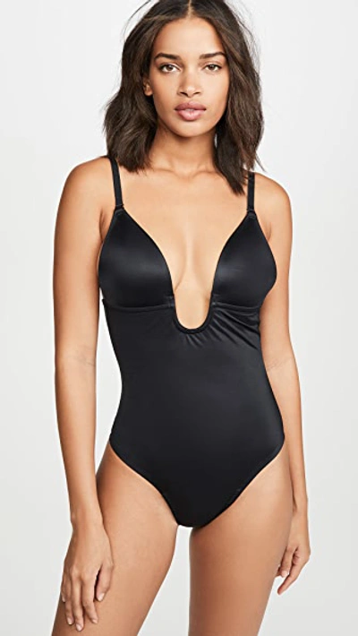 Suit Your Fancy Plunge Low-back Thong Bodysuit In Very Black
