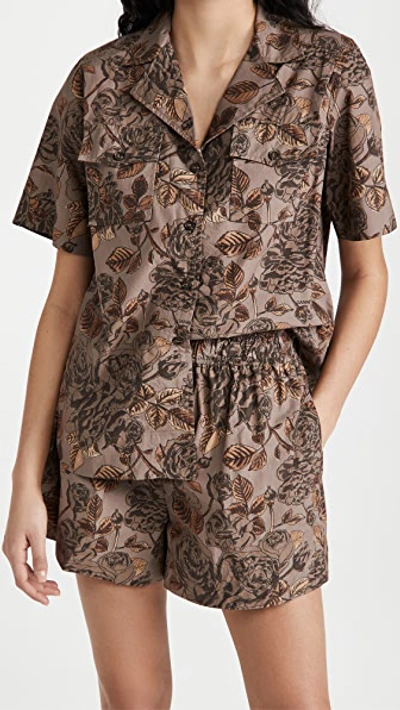 Shop Ganni Printed Cotton Poplin Blouse In Fossil