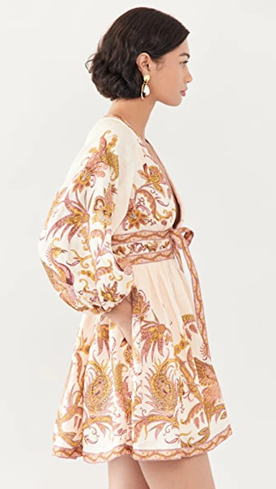 Shop Zimmermann Cassia Plunge Bow Mini Dress In Cream Bird Floral