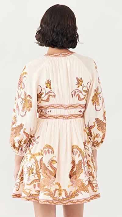 Shop Zimmermann Cassia Plunge Bow Mini Dress In Cream Bird Floral