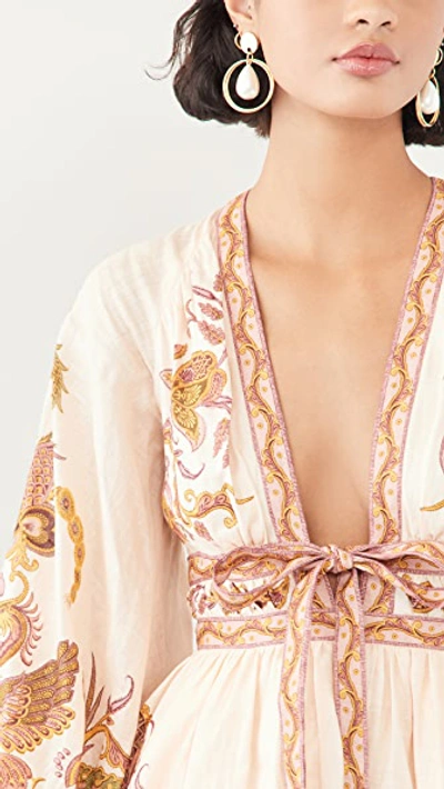 Shop Zimmermann Cassia Plunge Bow Mini Dress In Cream Bird Floral