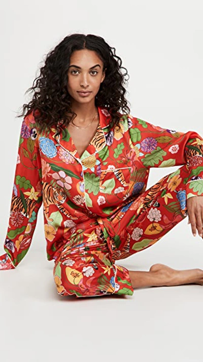 Shop Karen Mabon Tiger Bouquet Long Pajama Set Crimson