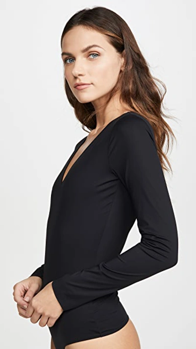 Shop Wolford Long Sleeve V Neck Thong Bodysuit In Black
