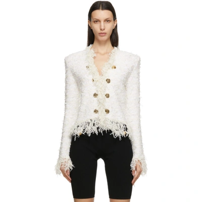 Shop Balmain White & Off-white Fringed Tweed Striped Blazer In 0ka Natural