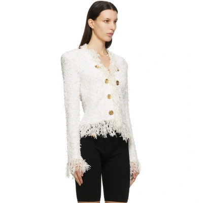 Shop Balmain White & Off-white Fringed Tweed Striped Blazer In 0ka Natural