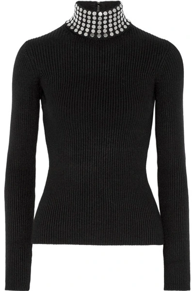 Shop Alexander Wang Embellished Ribbed Stretch Silk-blend Turtleneck Sweater In Black