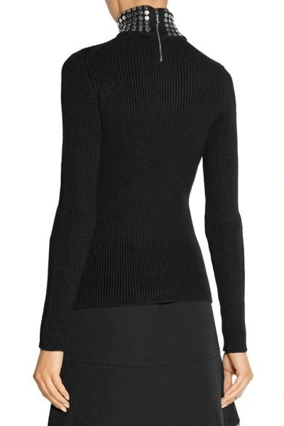 Shop Alexander Wang Embellished Ribbed Stretch Silk-blend Turtleneck Sweater In Black