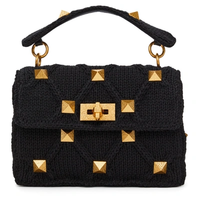 Shop Valentino Black Knit Medium Roman Stud Bag In 0no Black