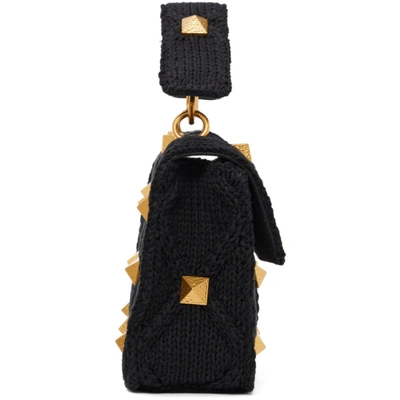 Shop Valentino Black Knit Medium Roman Stud Bag In 0no Black