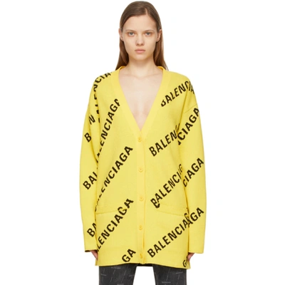 Shop Balenciaga Yellow Allover Logo Cardigan In 7440 Yellow/black