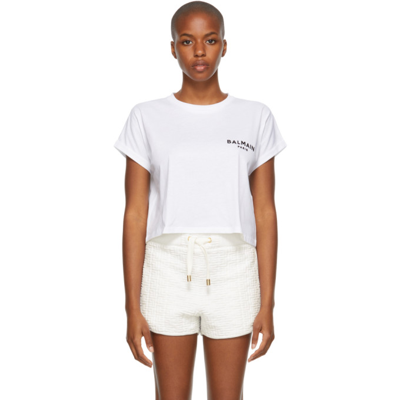Shop Balmain White Cropped Logo T-shirt