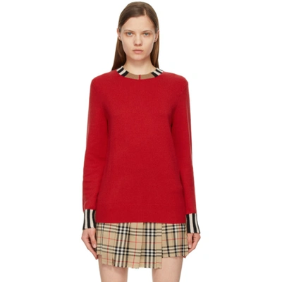 Shop Burberry Red Cashmere Icon Stripe Trim Eyre Sweater In Bright Red