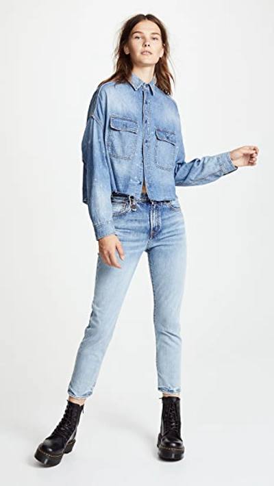 R13 Oversized Cropped Distressed Denim Shirt In Brindley