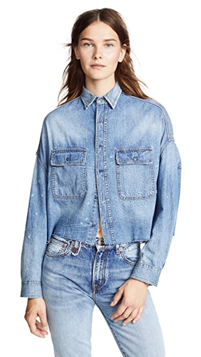 R13 Oversized Cropped Distressed Denim Shirt In Brindley