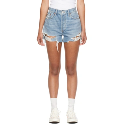 Shop Re/done Blue 70s High-rise Shorts In Skylight Destroy