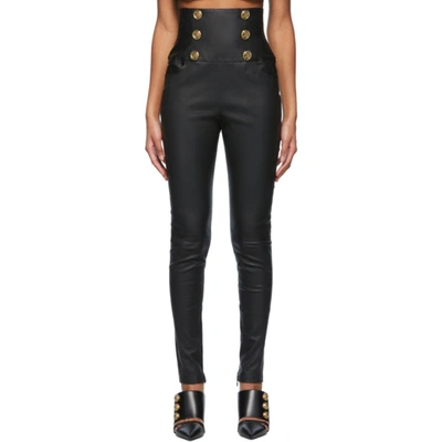 Shop Balmain Black Leather High-waisted Skinny Pants In 0pa Black