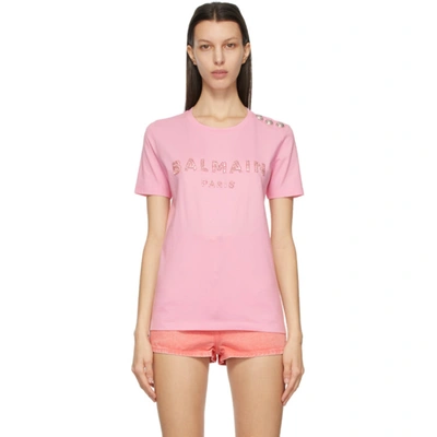 Shop Balmain Pink Crystal Logo T-shirt In 4ki Rose